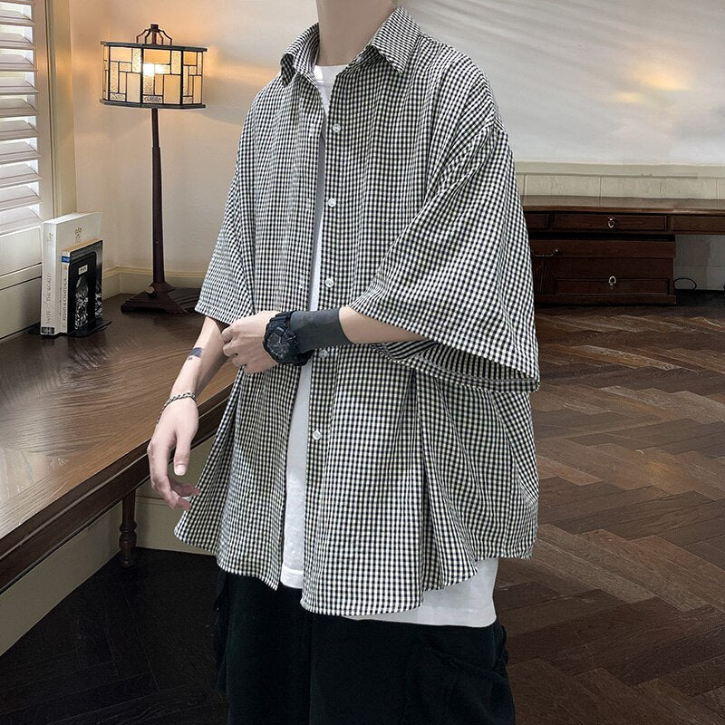 HIP HOP Streetwear Casual Plaid Shirt Men'S Half Sleeve High Quality 2023 Loose Spring Summer Fashion Chemise Homme