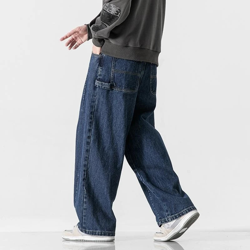 Trendy Classic Black Blue Solid Men Jeans Baggy Casual Pants Wide-leg Straight Loose Denim Trousers Streetwear Hip Hop Pant