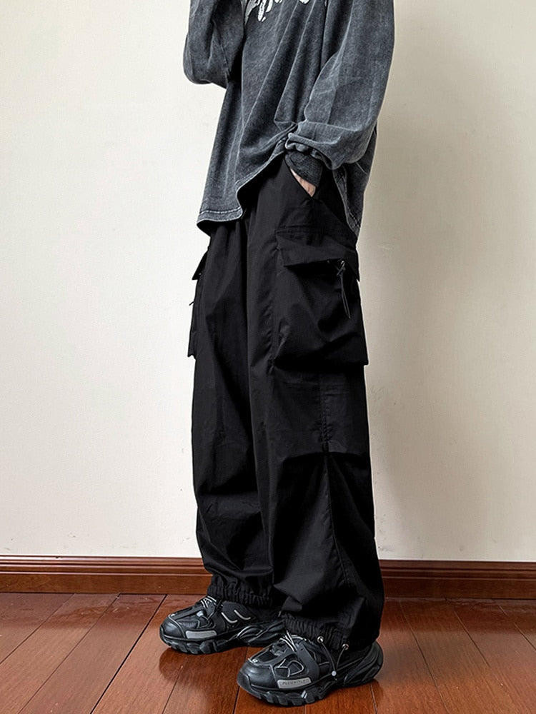 Black samurai men's pants oversize pants high street fashion plush knickerbockers American straight charging overalls