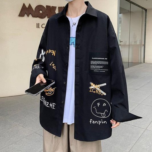 Spring Autumn New Print Graffiti Casual Loose Blouse Man Long Sleeve Korean Style Harajuku Streetwear Shirt Male Fashion Clothes