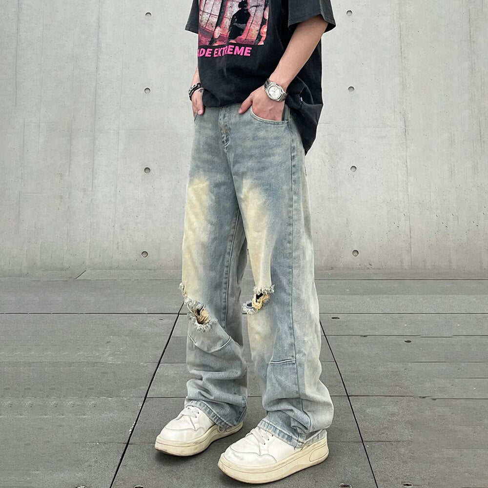 Ripped Jeans Men Baggy Streetwear Hip Hop Oversized Wide Leg Vaqueros Pantalones Hombre Loose Street Trousers Y2k Denim Pants