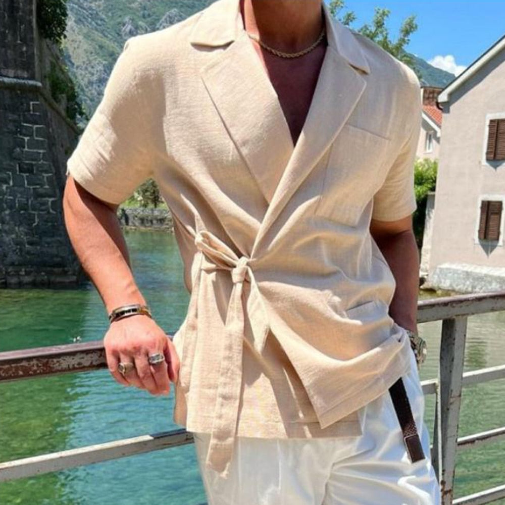 Summer Solid Color Linen Short-sleeved Shirt Suit Lapel Strap French Elegant Gentleman Loose Casual Simple Top Men's Clothing