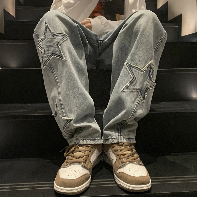 Vintage Star Embroidery Straight Denim Pants Men's Loose Fashion Hip-Hop Jeans New Casual Wide Leg Trousers Harajuku Streetwear