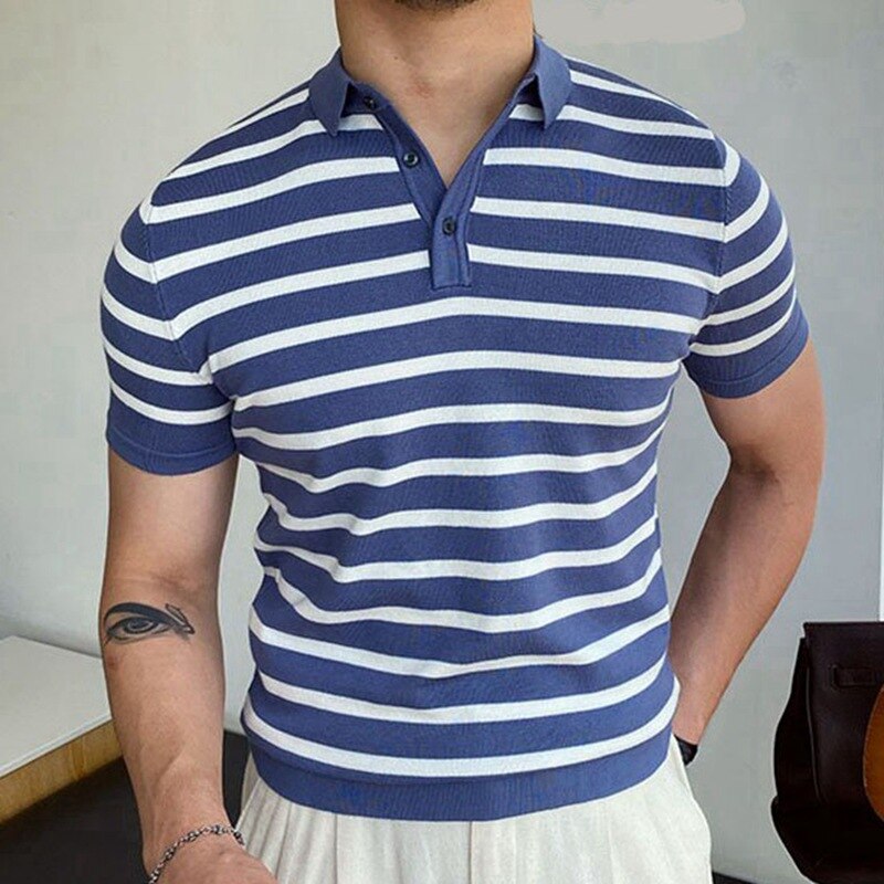 Men Knitted Short  Sleeve Polo Shirt Striped Casual Slim Fit Lapel Button Cardigan Breathable Top Tee  T-shirt Contrast Color