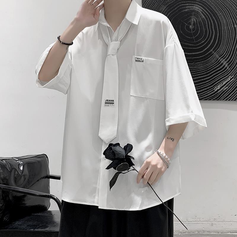 Summer New Button Down Shirts with Tie Mens Harajuke Loose Point Collar Half Sleeve Silk Blouse for Teen