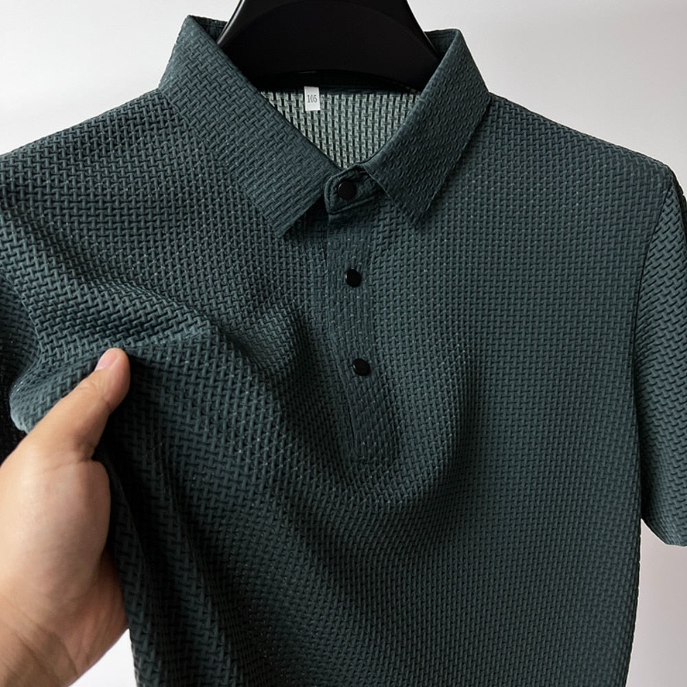 2023 Summer Ice Silk Polo Shirts Breathable Solid Stretch Green Casual Breath Short Sleeve Golf Wear Male Tee Tops High Quality