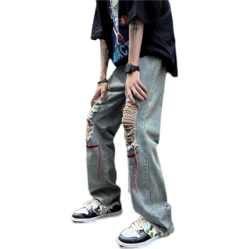 2023 Street high Street pants ins trendy embroidered worn-out hole denim jeans men men's beggar floor mop pants streetwear New