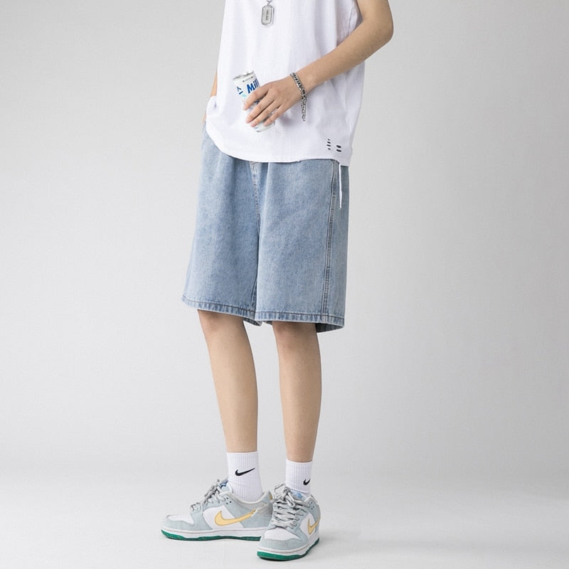 Summer New Men's Baggy Straight Denim Shorts Korean Style Fashion Casual Loose Short Jeans Male Light Blue Black