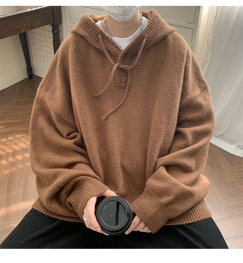 Autumn Winter Fashion Casual Men's Loose Cool Boys Soft Solid Pullover Sweater Hoodie Bandage
