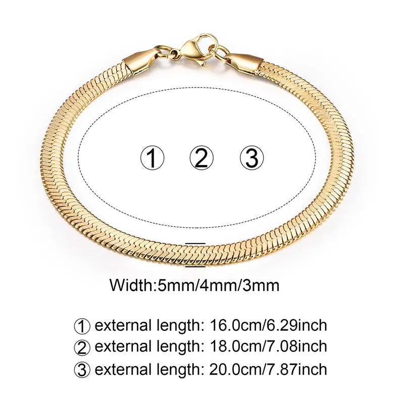 High Quality Gold Plated Stainless Steel Flat Bracelet Waterproof Filmy Snake Chain for Men Women Classic Bracelets Jewellery
