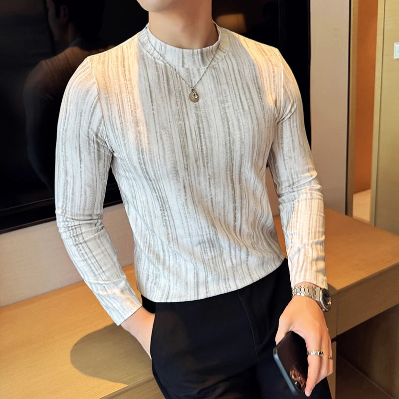 FORUWISH  -  Cotton Striped T Shirt Gradient Mock Neck Men Slim Fit Tshirt Male Office Business T shirts Man Casual Long Sleeve Top Tees