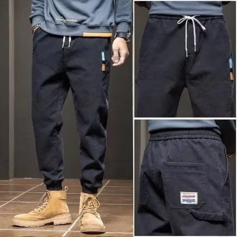 Casual Multiple Pockets Trend Men's Cargo Pants High Quality Waist Drawstring Tie One's Feet Halun Loose All-match Male Trousers