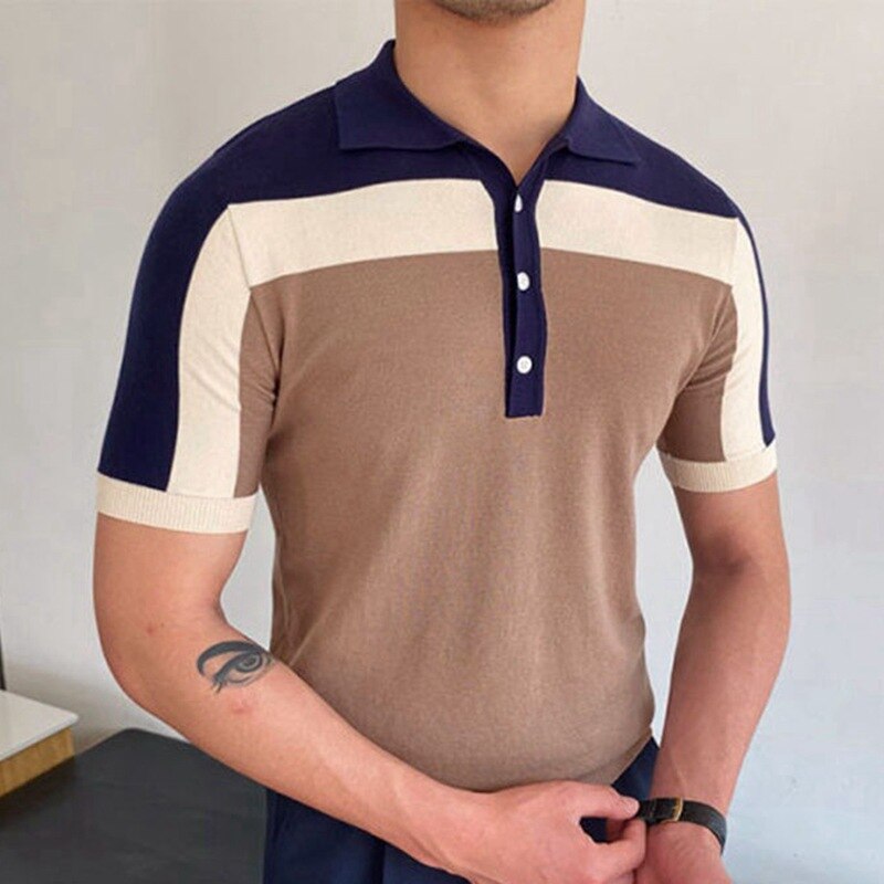 Polo Men T-shirt Knitwear Patchwork Short Sleeve Casual Slim Fit Button Cardigan Breathable Summer Polo Shirt Fashion