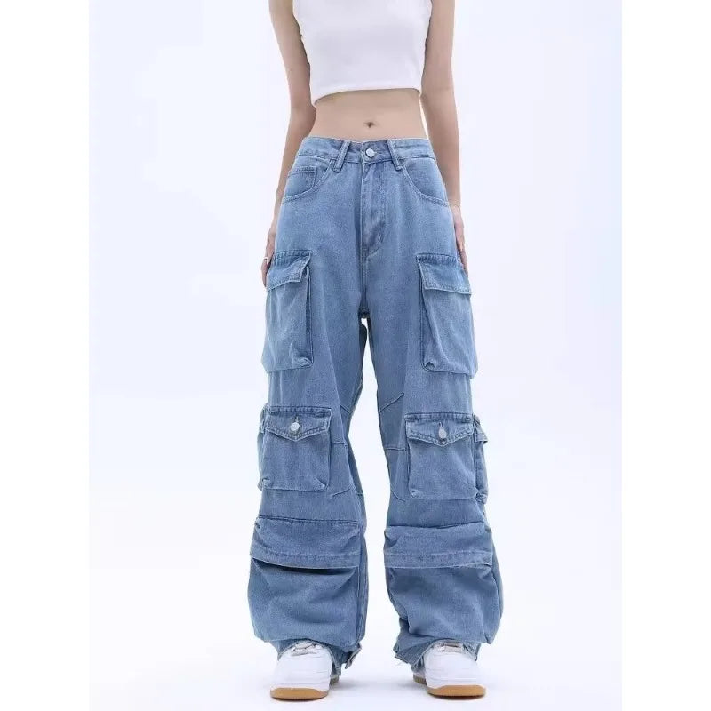 Multi-Pocket Blue Washed Jeans Cargo Pants Y2k Retro Streetwear Fashion High Waist Jeans Couple Harajuku Casual Wide Leg Pants