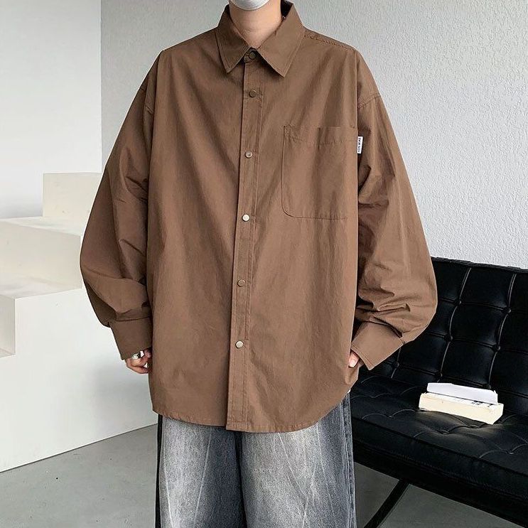 Spring Autumn Fashion Men's Solid Casual T-Shirt Loose Cool Boy Soft Versatile Tops Students Buttons Coat College Style Pocket