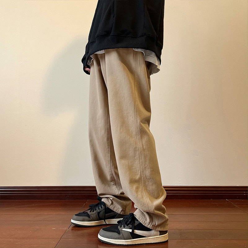 Khaki work casual pants men's spring and autumn new American high street pants fashion brand loose wide leg straight pants 2023