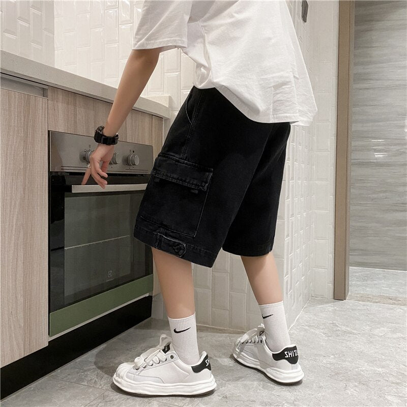 Shorts Men Loose Simple All-match Cargo Knee-length Denim Casual Pockets Fashion Harajuku Design High Waist Zipper Minimalist