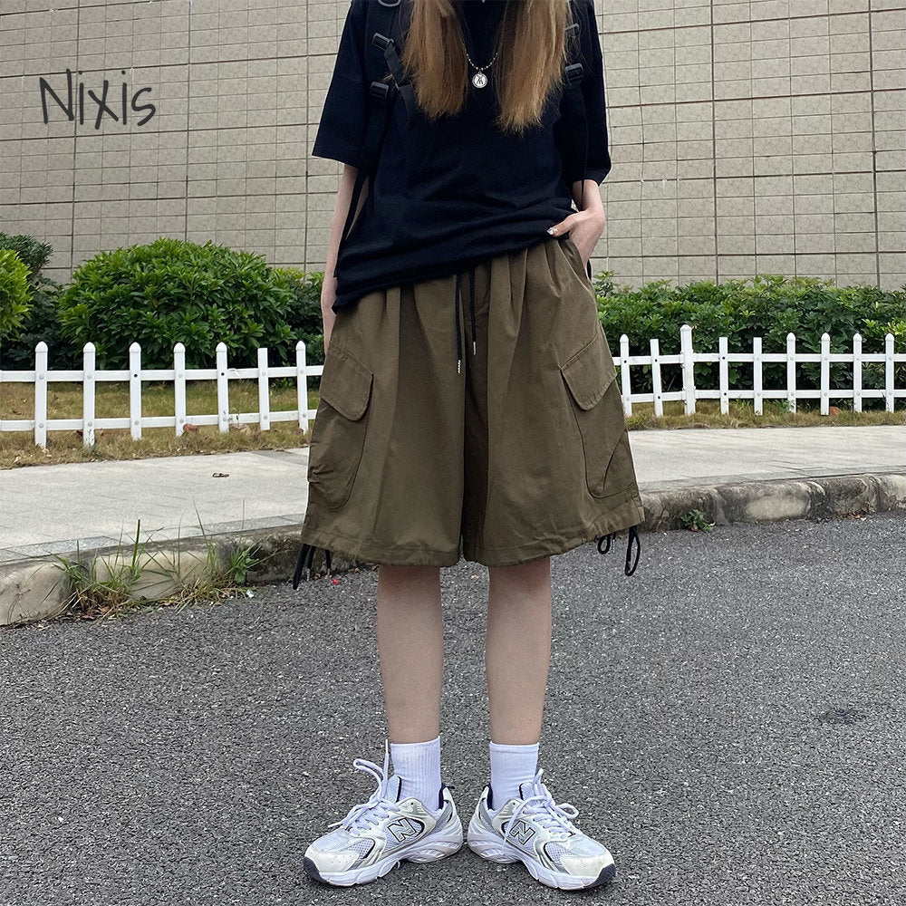 Summer Drawstring Cargo Shorts Ins Trend Streetwear Vintage Wide Leg Half Pants Plus Size Loose Casual Pants Men and Women