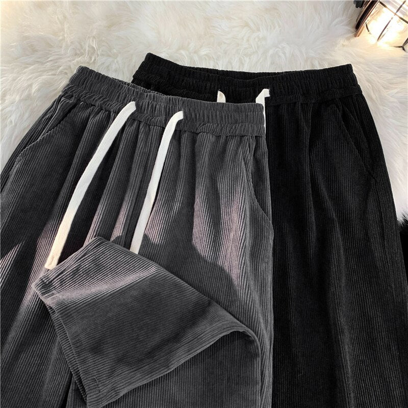 2023 Spring Men's Corduroy Casual Pants Baggy Straight Black Elastic Waist Korean Fashion Streetwear Ankle Wide Leg Sweatpants