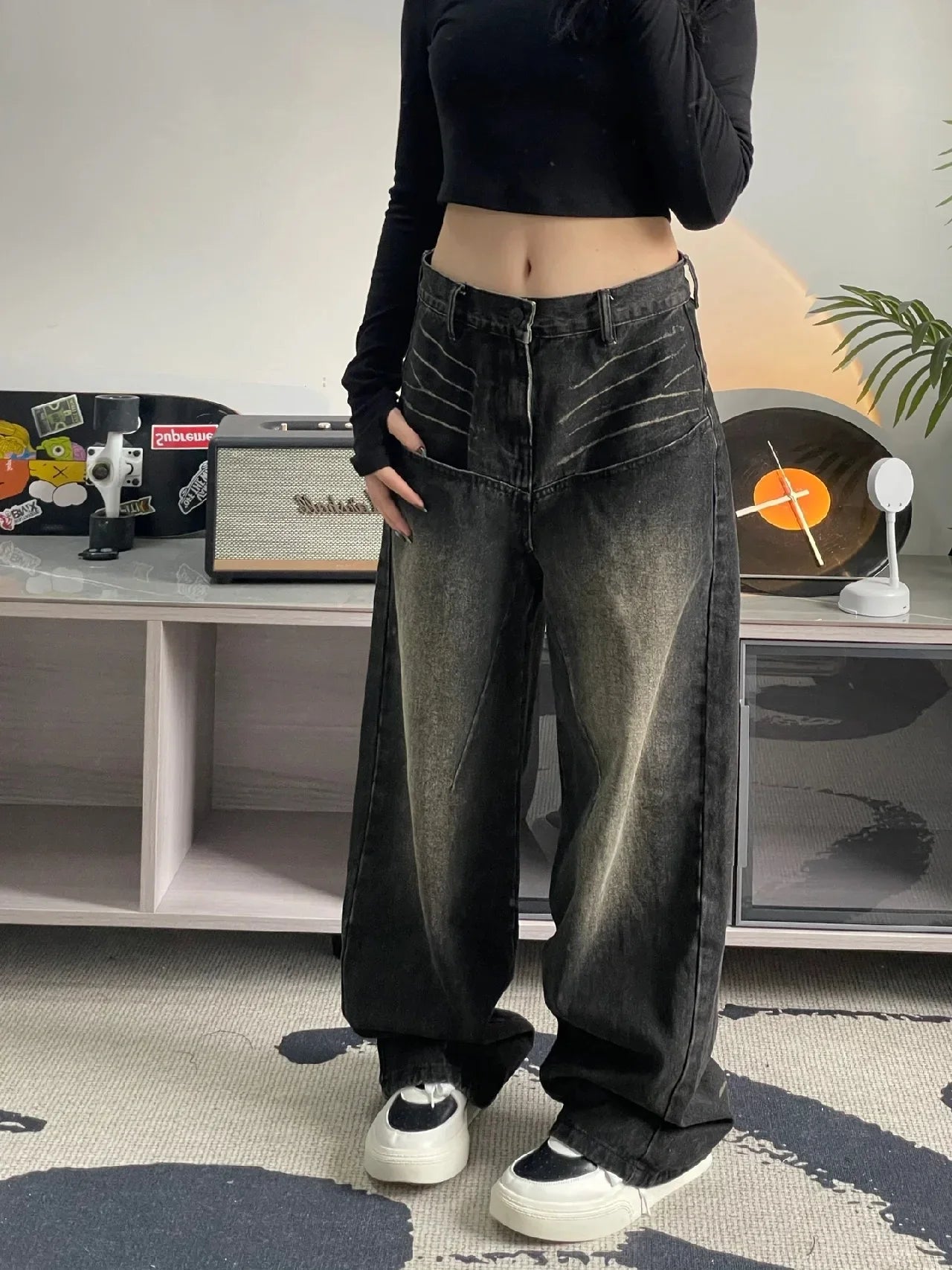 Spring and Autumn American style washed black jeans, men's and women's high street spicy girls straight tube wide leg long pants