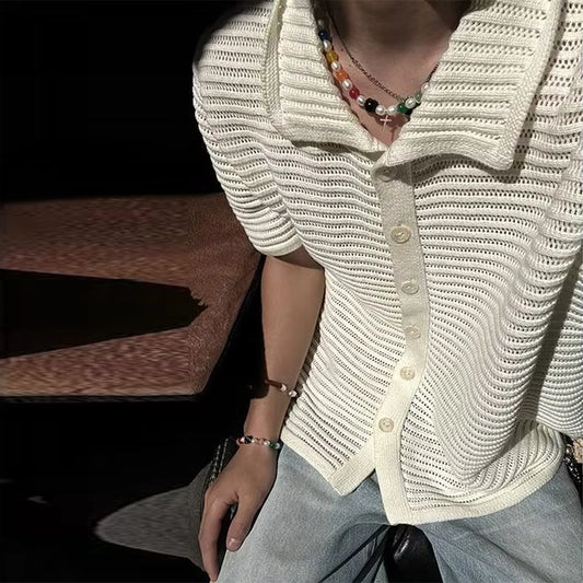 Vintage Y2K Knitted Shirts Men Summer Fashion Solid Color Hollow Out Knit Breathable Shirt Streetwear Mens Short Sleeve Cardigan