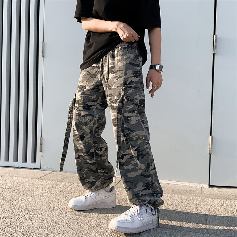 Pants Men American Retro Ribbons High Street Cargo Trousers Loose Spring Military Elastic Waist Large Size All-match Harajuku