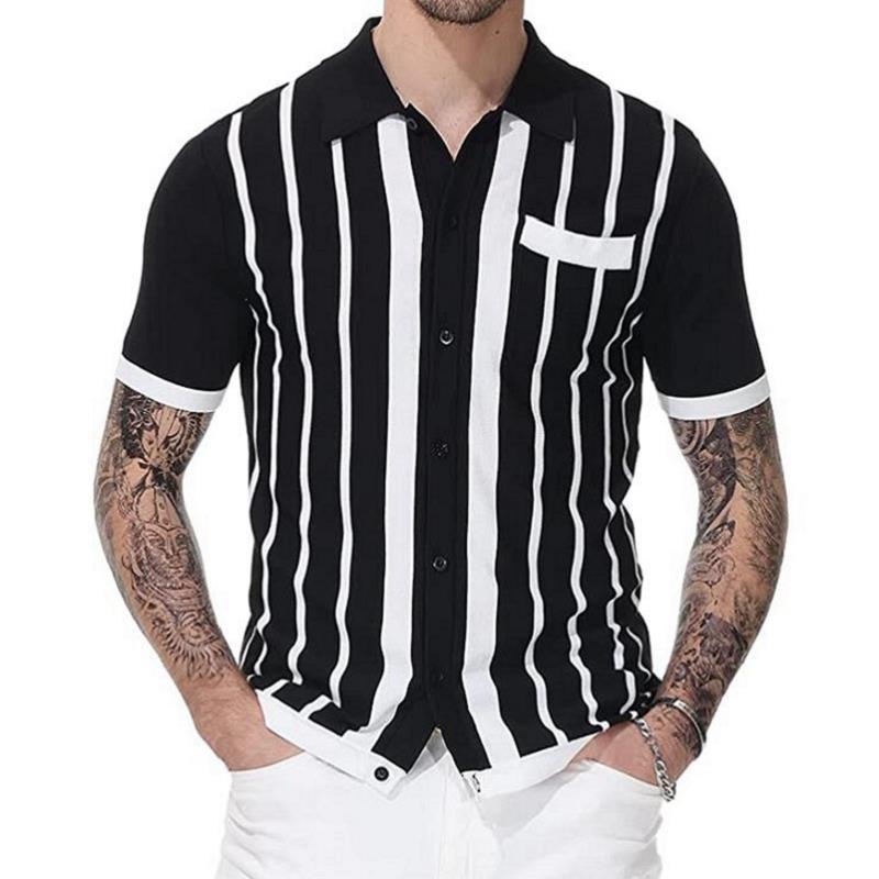 Polo Men Short Sleeve Slim Fit Knitwear Stripe Casual Suit Collar Button Polo  Breathable Summer Top Fashion Bussiness T-shirt