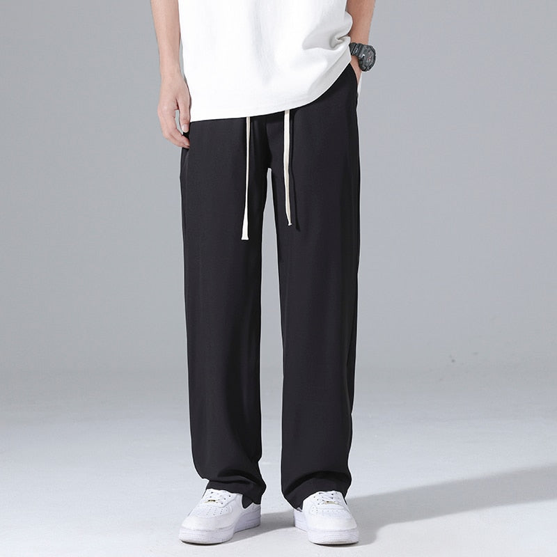 Summer Ultra-thin Men's Casual Pants Quick-drying Cool Baggy Straight Trousers Comfortable Elastic Waist Fashion Ice Silk Pants