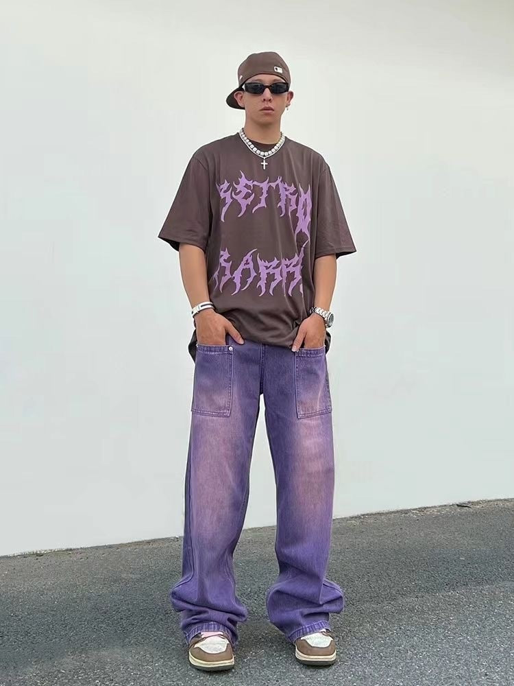 2023 Street made coordinates washed purple jeans for men and women with a unisex style loose fitting bf straight tube fall down