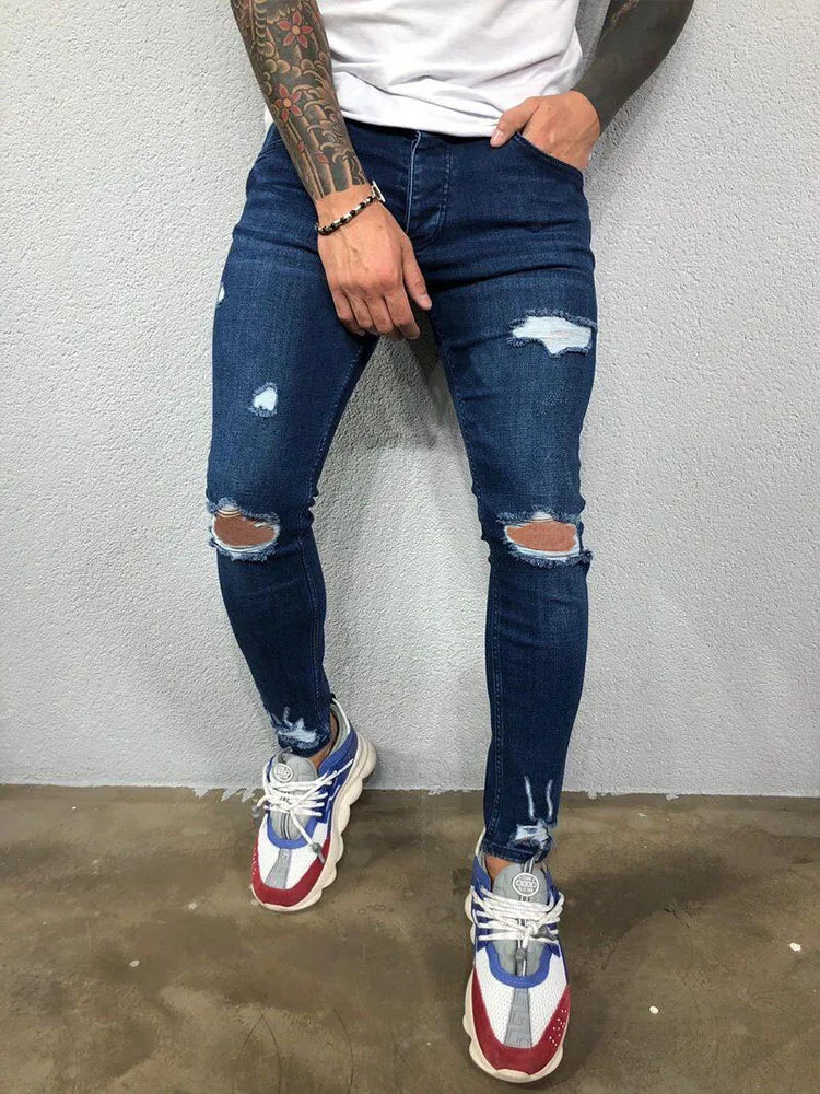 FORUWISH  -  Fashion Street Style Knee Ripped Skinny Jeans Men Vintage Wash Solid Denim Trouser Mens Casual Slim Jogging Pants Men Clothes