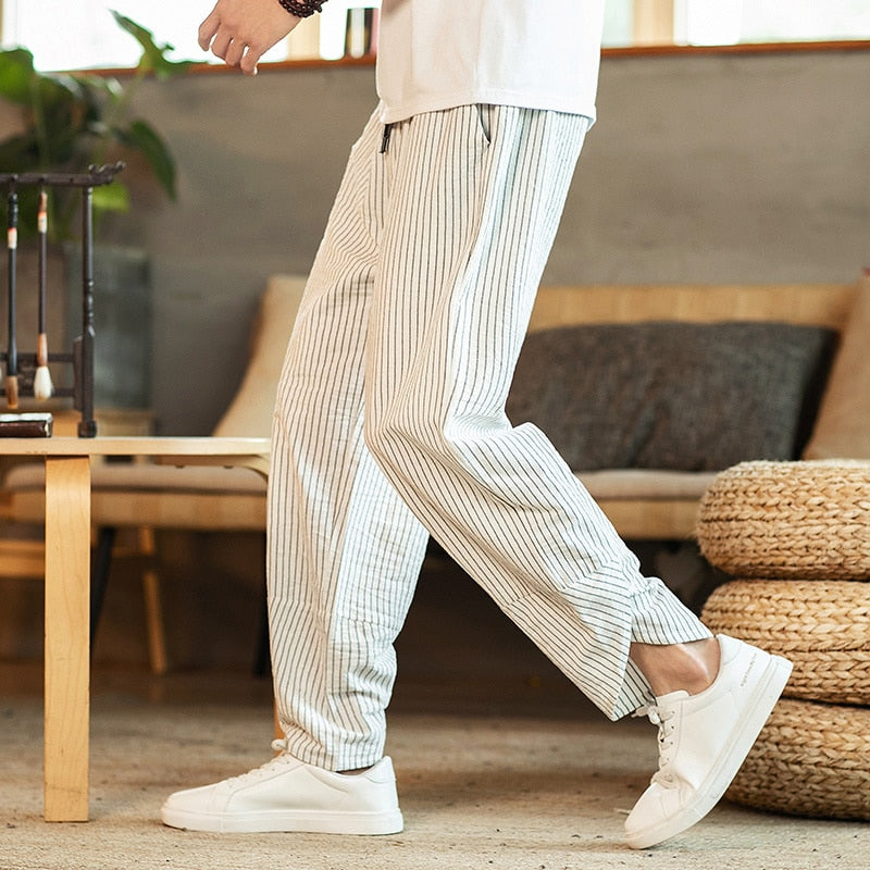 Chinese Style Men's Pants Summer New Striped Cotton Linen Wide Leg Casual Oversized Harem Pants Lantern Trousers Male Clothing