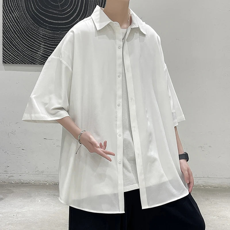Summer Ice Silk Solid Shirts For Men Clothing Korean Style Mens Streetwear Shirt Classic Basic Short Sleeve Blouse