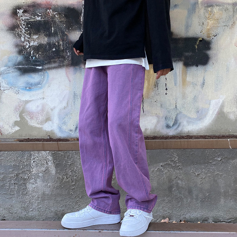 Korean Fashion Men Jeans Purple Green Loose Straight Vintage Casual Streetwear Skateboard Dance Denim Cargo Baggy Pants