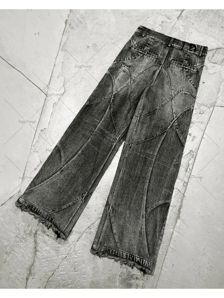 FORUWISH  -  Y2k Fashion New American Tassel Black And Gray Washed Jeans Men Street Gothic Punk Style Teenagers Retro Loose Wide-leg Pants