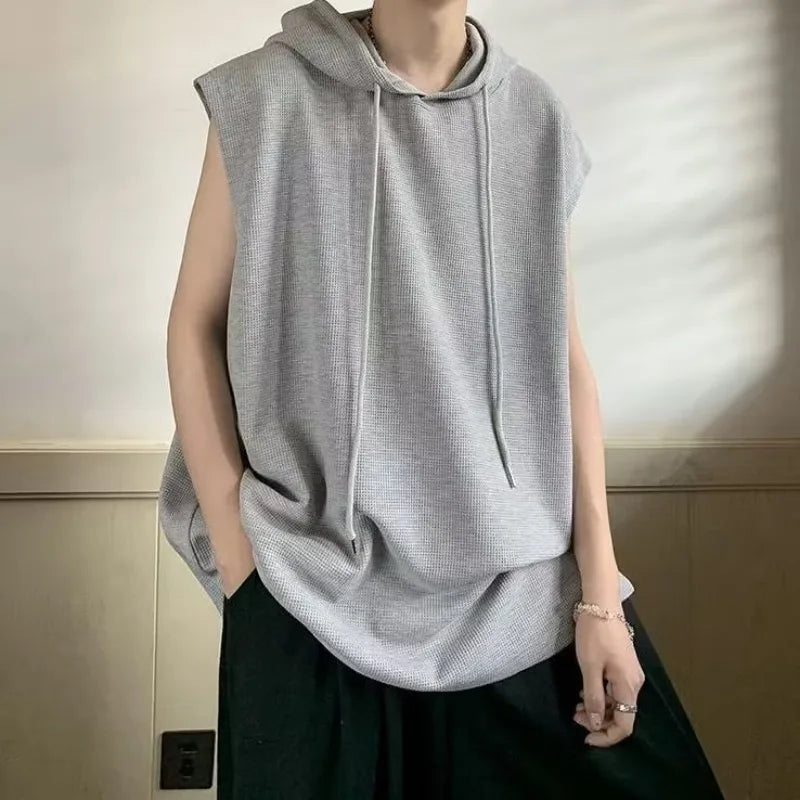 Hooded Vests Men Solid Simple American High Street Baggy Sleeveless Teens Summer Breathable Korean Fashion Ins Y2k Tops BF Chic