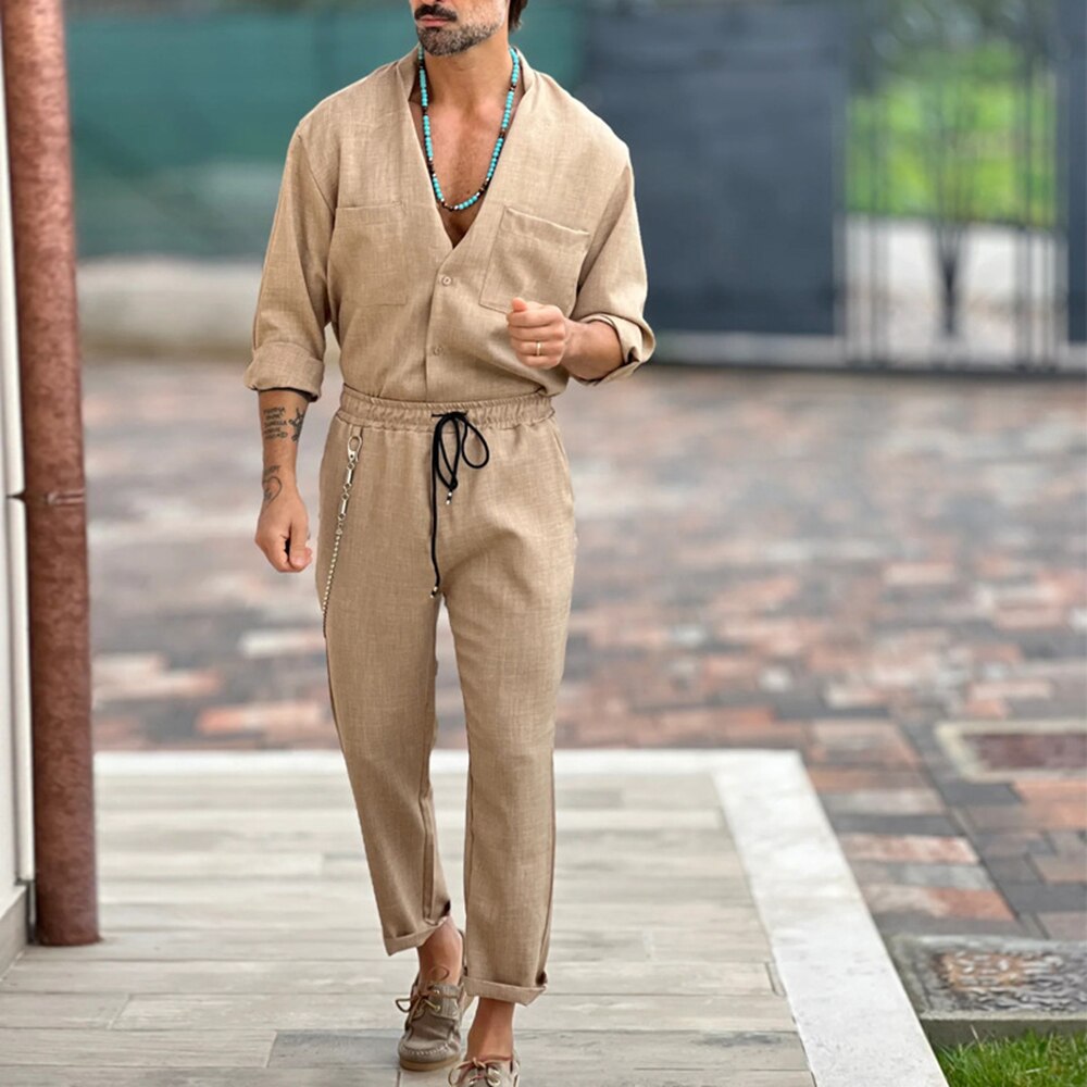 2023 Casual Cotton and Linen Suit Men's Casual Summer Vacation Solid Color Short-sleeved Shirt Straight Trousers Two-piece Set