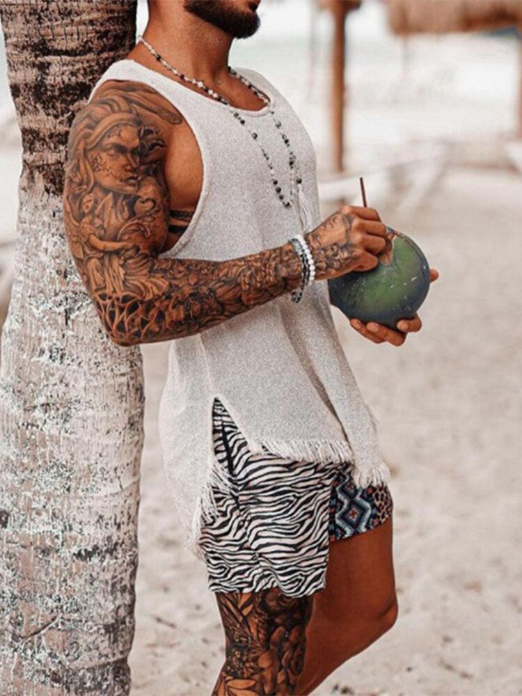 Vintage Ripped Solid Knitted Tank Tops Men Summer Fashion Slit Design Vest Shirt Sleeveless Loose O-Neck Pullover Top Men Casual
