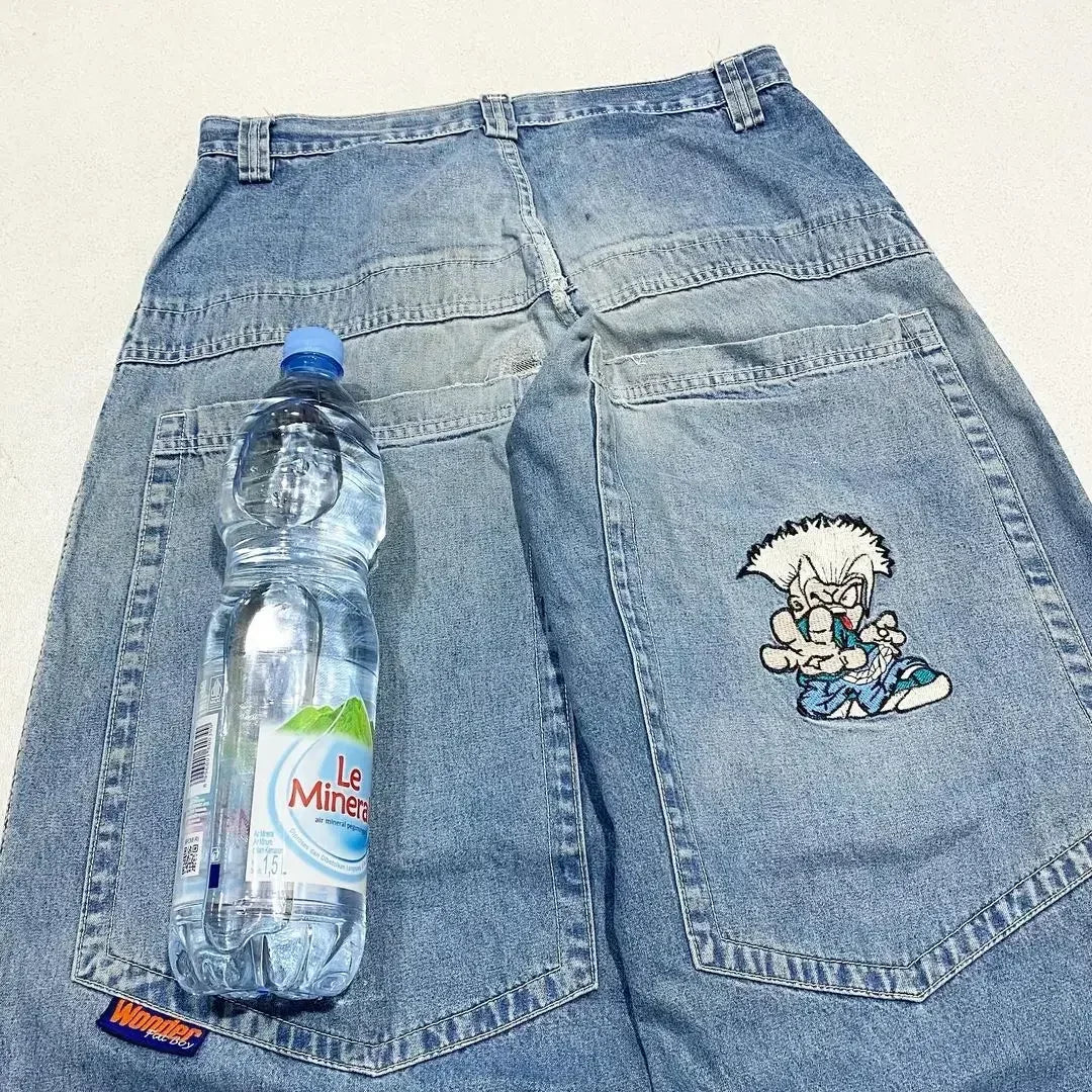 FORUWISH  -  Japanese Kawaii Cartoon Characters Embroidered Light Blue Washed Baggy Jeans Y2K Harajuku Gothic Skateboard Pants Street Clothes