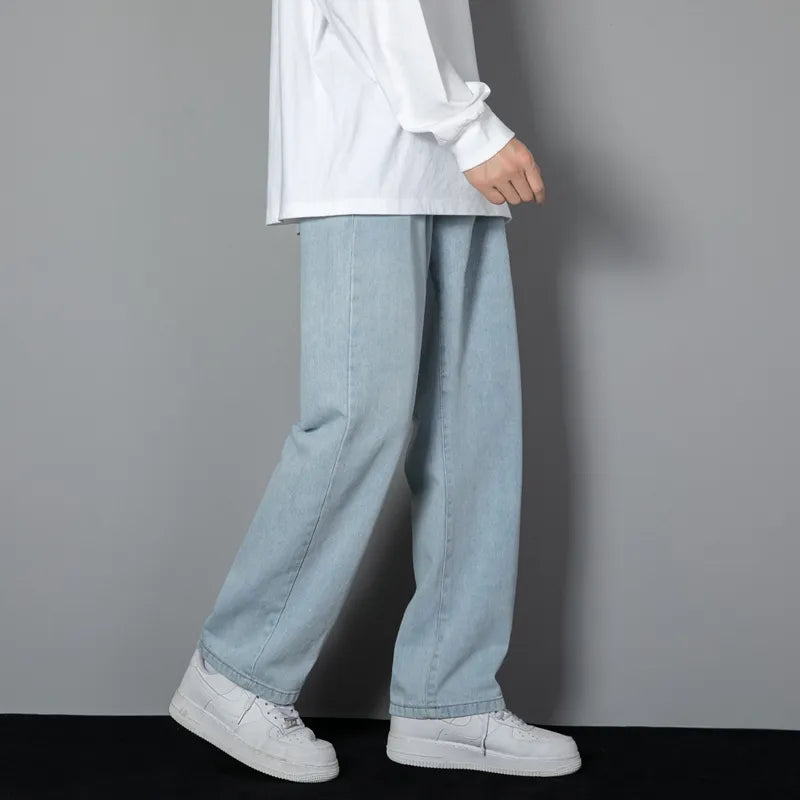 2023 New Korean Men's Casual Long Jeans Classic Man Straight Denim Wide-leg Pants Solid Color Light Blue Grey Black 3XL