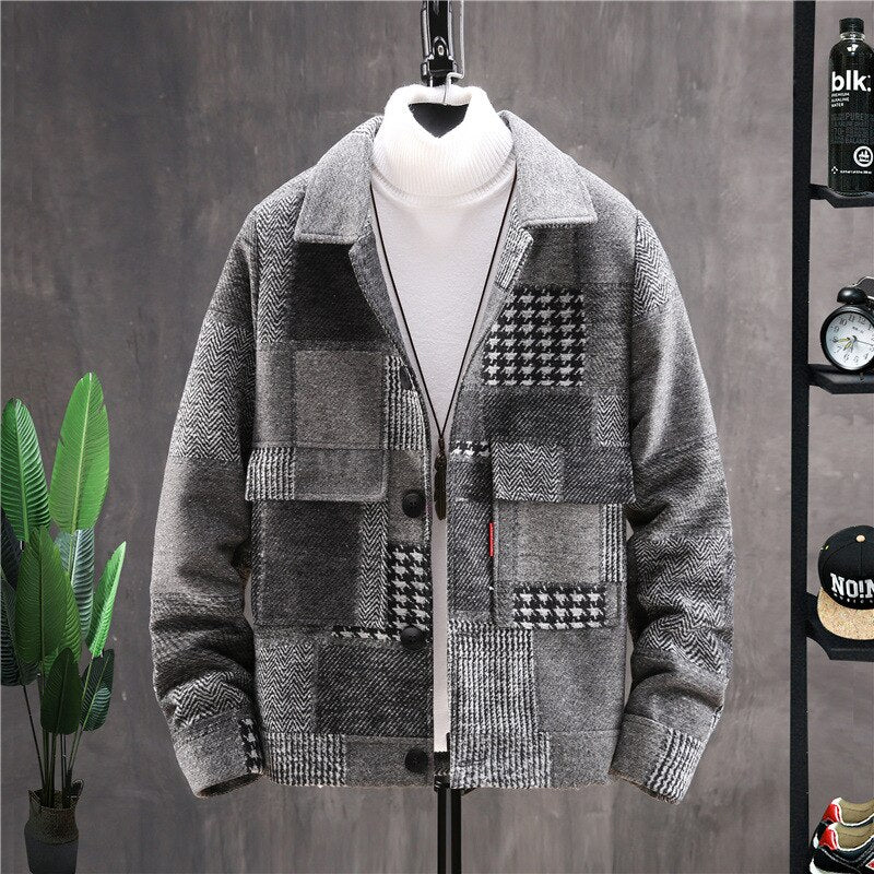 Men's Plaid Woolen Coat Men's Spring and Autumn Korean Version of The Lapel Woolen Coat Winter Thick Casual Jacket Men Clothing