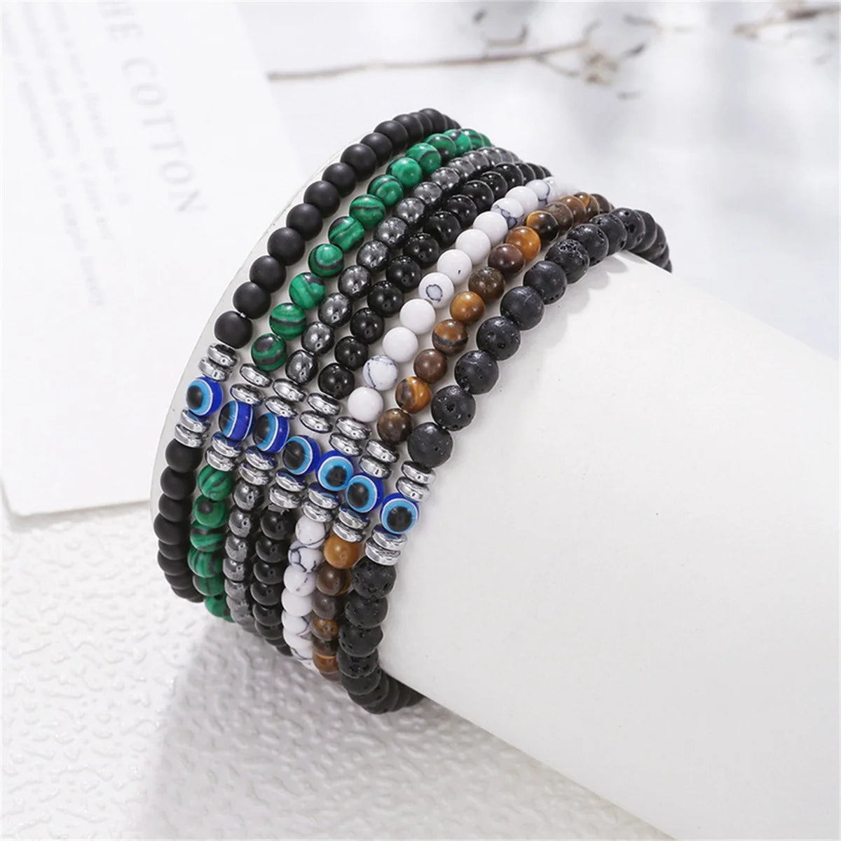 Fashion 4mm Natural Stone Beads Evil Eye Braslets For Men Women Obsidian Tiger Eye Stone Beaded Elastic Bracelet Lucky Jewelry