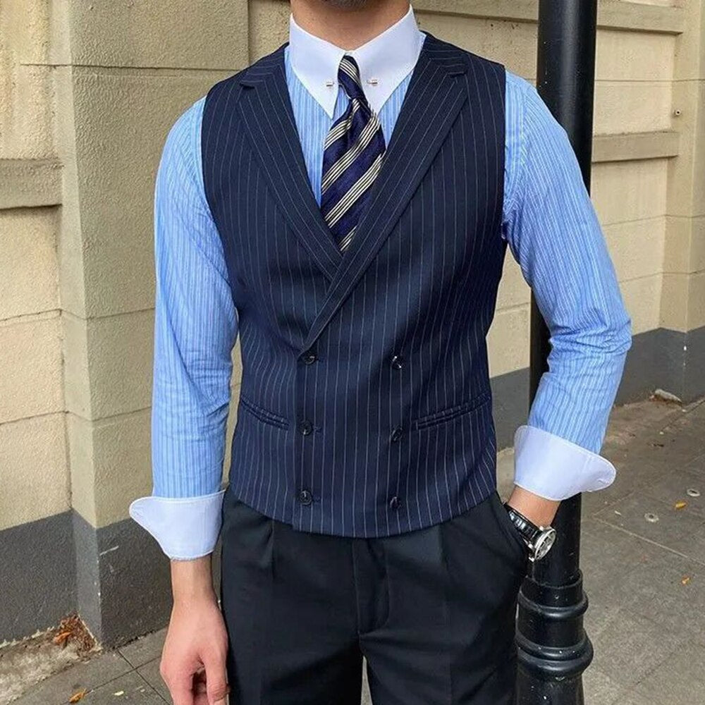 British Style Business Men's Striped Suit Vest Retro Double-breasted Elegant Slim Lapel Casual Men's Vest Retro Waistcoat Trendy