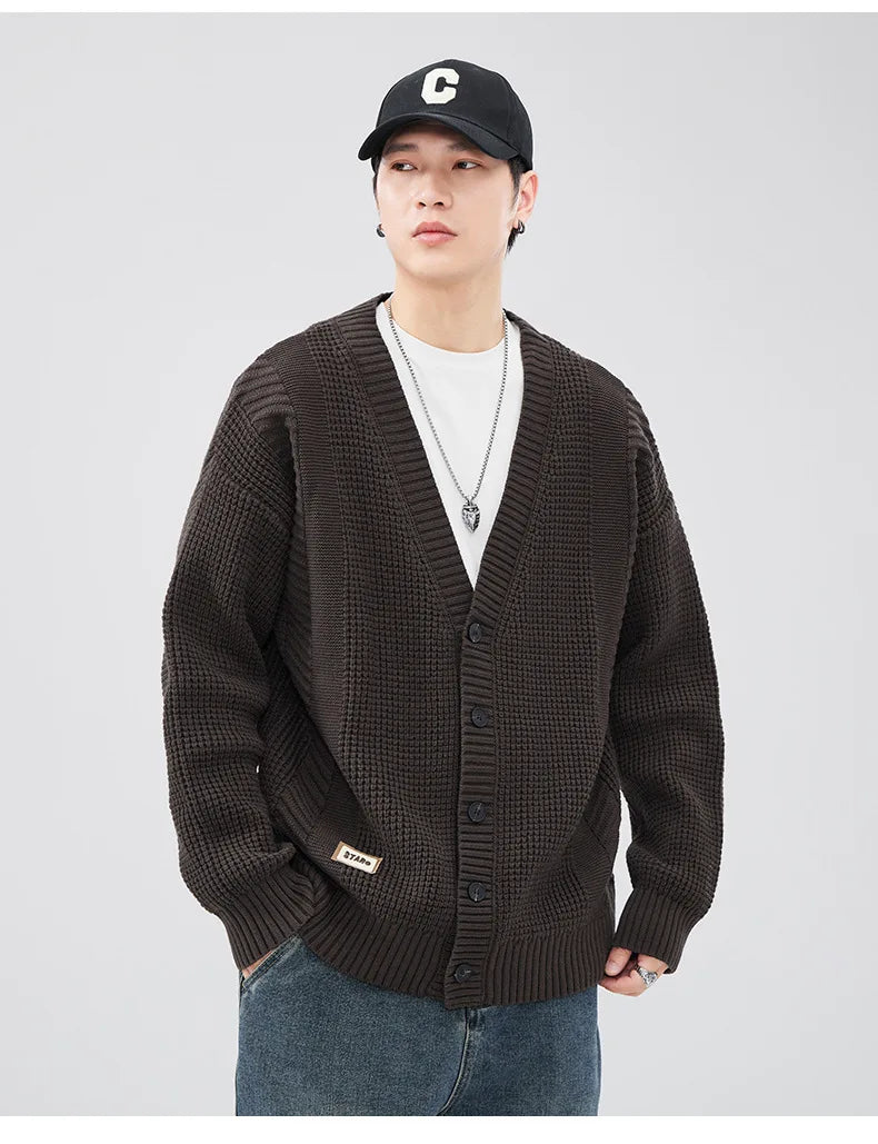 Autumn Winter Retro V-neck Cardigan Sweater Men's Trendy Loose Large Size Casual Knit Sweater Button Soft