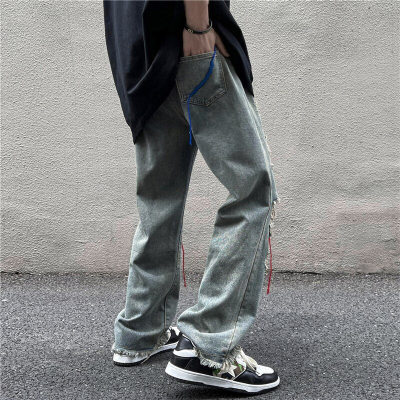 2023 Street high Street pants ins trendy embroidered worn-out hole denim jeans men men's beggar floor mop pants streetwear New