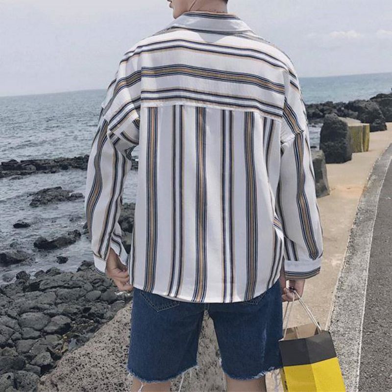 Fashion Lapel Button Spliced Loose Korean Striped Shirts Men's Clothing 2023 Spring New Casual Tops Long Sleeve All-match Shirt