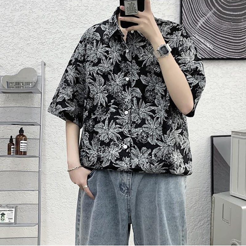 Summer New Beach Print Men Shirts Hip Hop Short Sleeve Button Down Blouse Fashion Loose Tops Teens