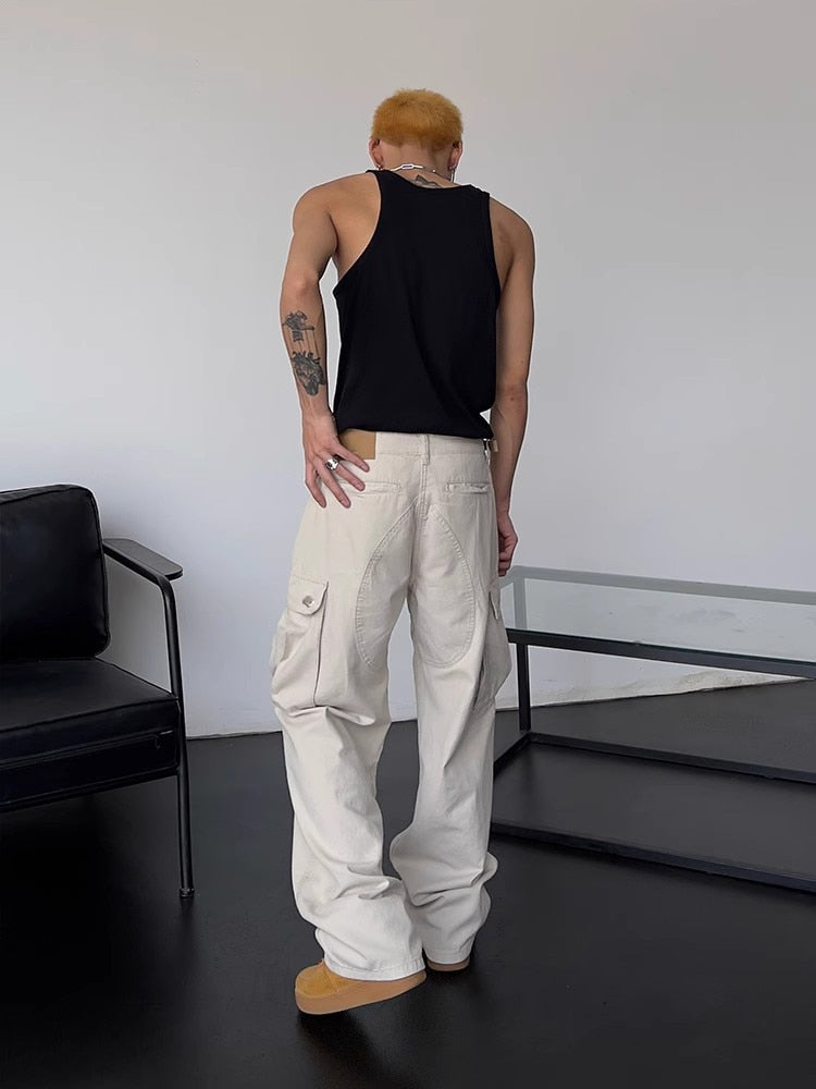 Cargo Pants Men High Street Retro Casual Large Pocket Overalls High Waist Loose Straight Tube Draped Wide Leg Pants For Women