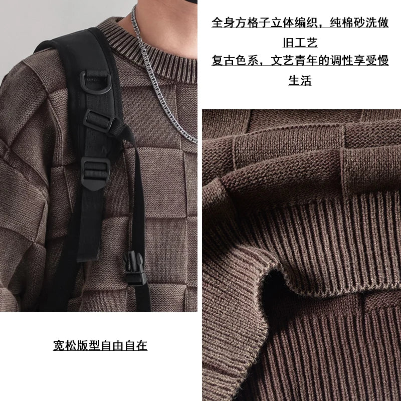 Plaid Sweater Men's Round Neck Autumn and Winter Trendy Brand Loose Fitting Youth Pullover Top Coat Sweter Hombre Sweaters