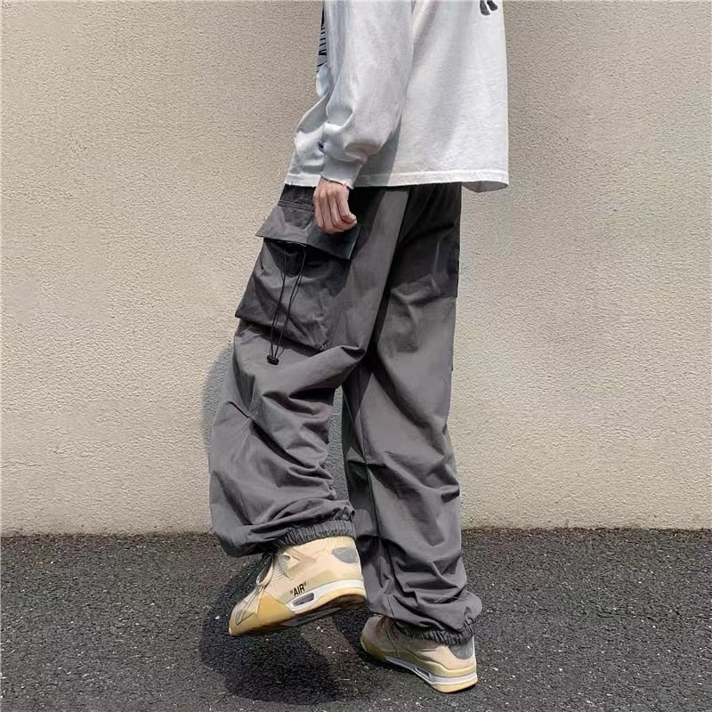 Men's Parachute-Style Hip-hop Street Overalls Oversized Pocket Trousers Harajuku Loose Solid Color Casual Pants Y2K Legged Pants