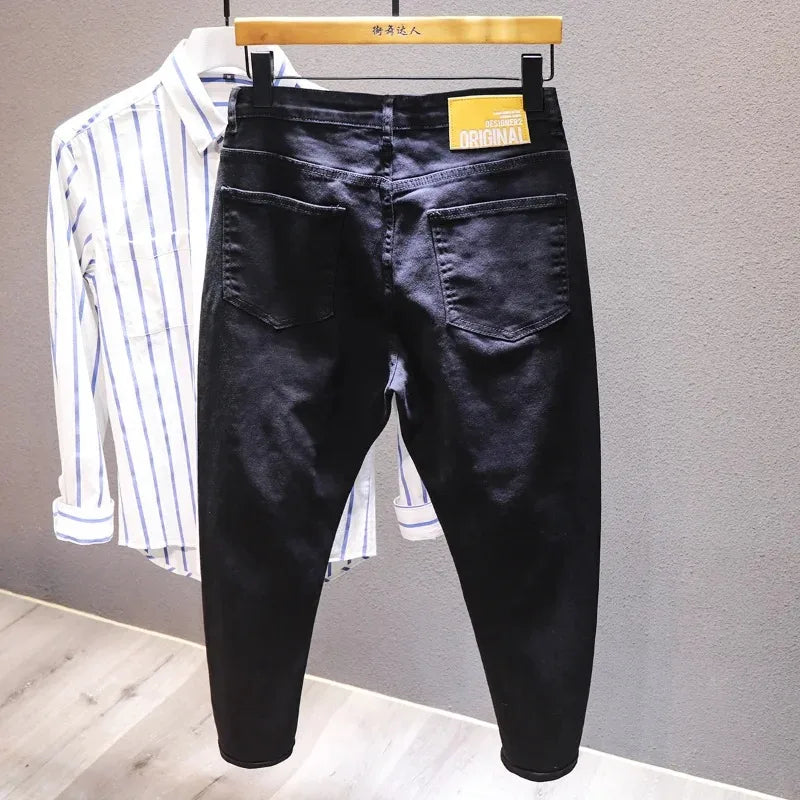 New White Jeans Men All-match Fashion Ripped Hole Slim Stretch Harem Pants Comfortable Male Streetwear Denim Trousers